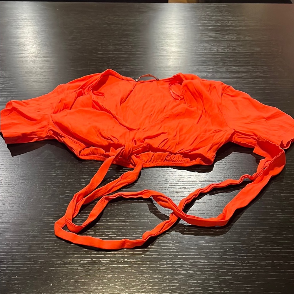 Zara Linen Orange Crop Top with Adjustable Straps and Tie Detail